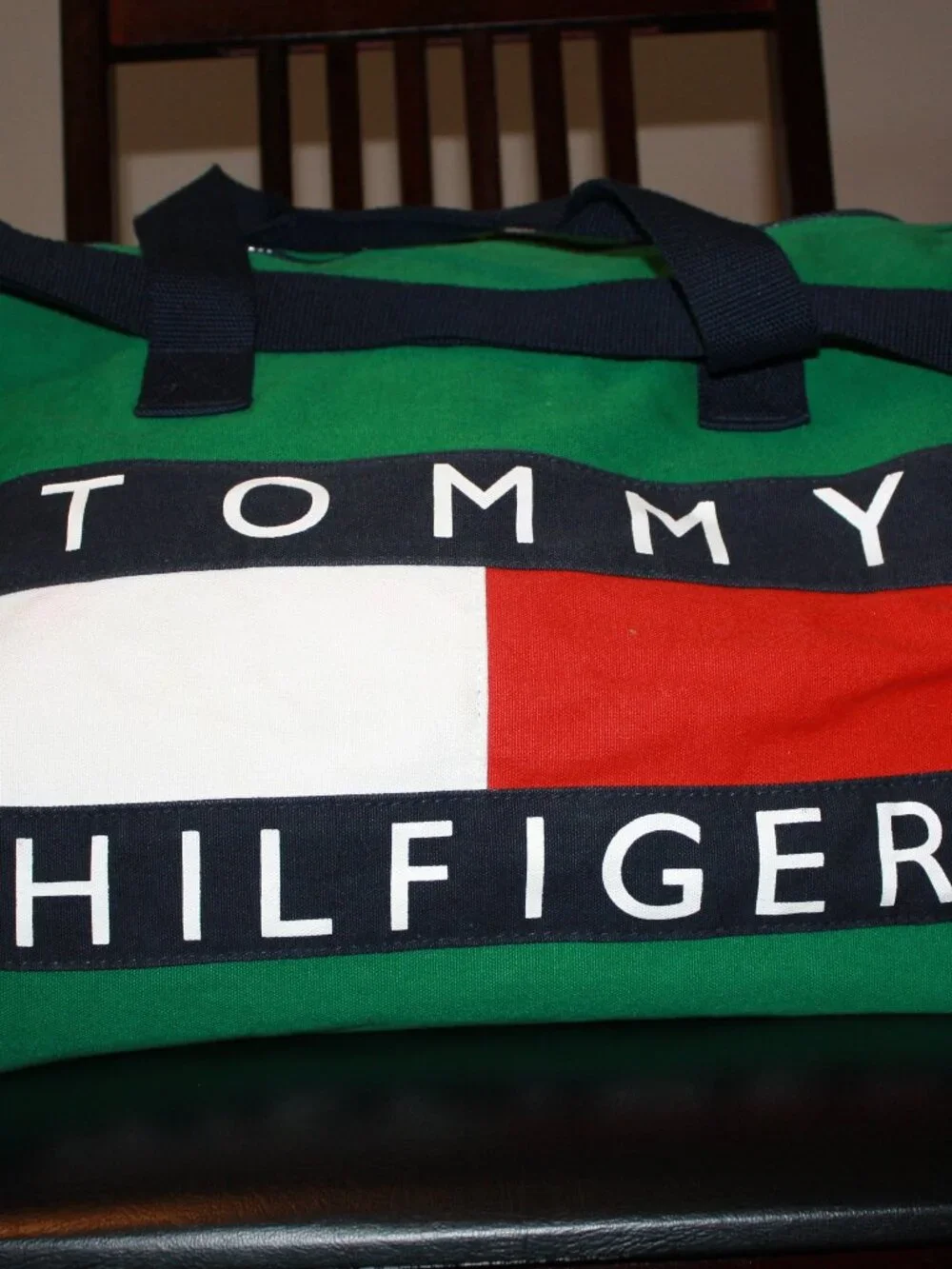 Tommy Hilfiger, Barrel Style gym tote. Green, red, white and blue
